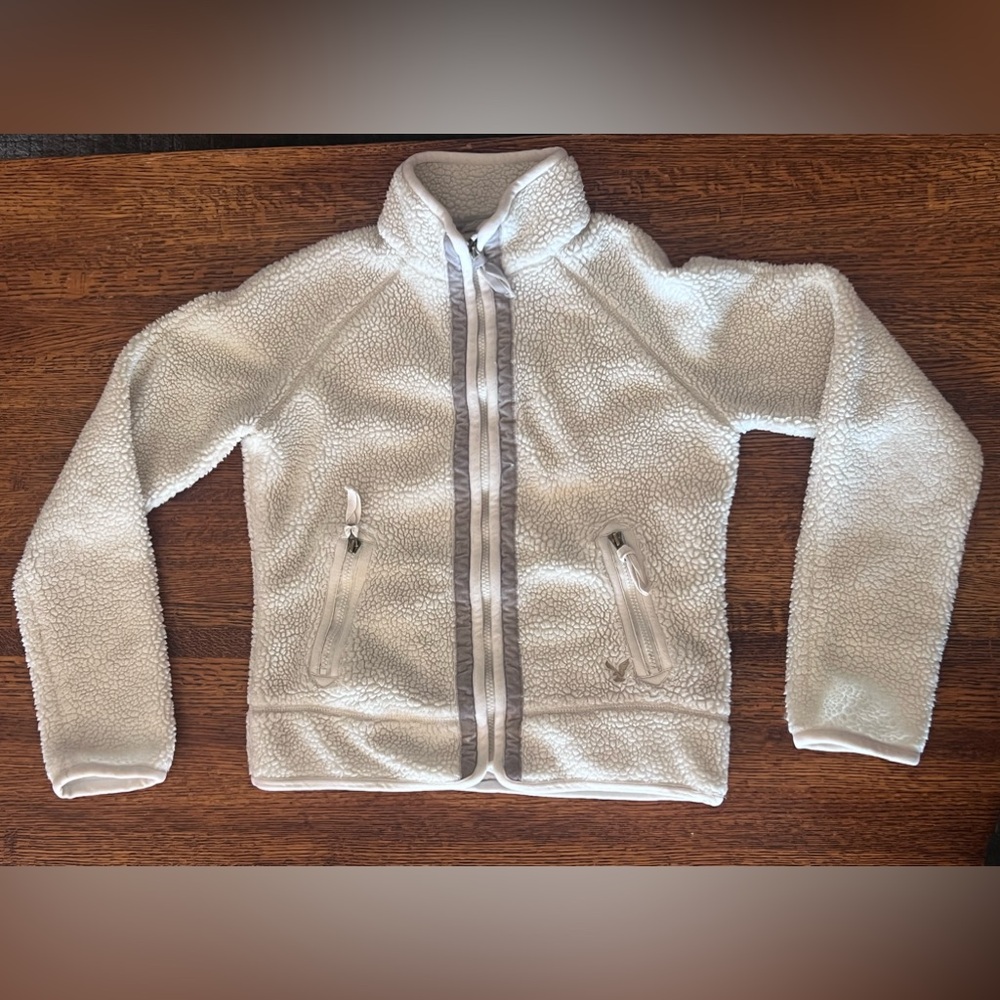 American Eagle Outfitters Women Sherpa M Zip Fleece Jacket + Gray Velvet Piping